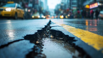 long crack in the road of a busy city street showing the effects of an earthquake blurry background emphasizing the urban destruction and damage