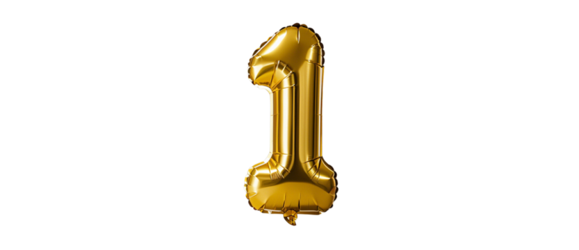  VA shiny gold foil number one balloon floats in a neutral spaCe