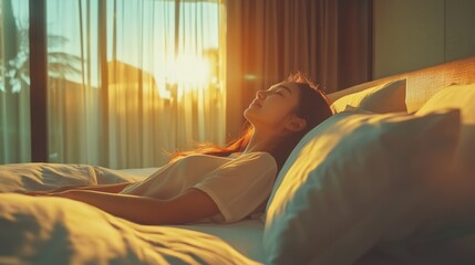 Life balance and relaxation concept with young Asian girl lifestyle simply waking up in the morning take it easy having some rest in luxury hotel room or home bedroom