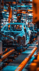 Fototapeta premium Abstract Automotive Production Line in Blue and Orange. Industrial Car Manufacturing Process Highlighting Modern Technology and Efficiency. Ideal for Automotive Marketing Campaigns and 4K Industrial W