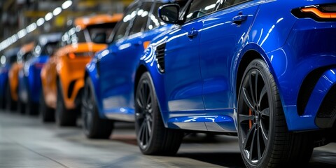 Abstract Automotive Production Line in Blue and Orange. Industrial Car Manufacturing Process Highlighting Modern Technology and Efficiency. Ideal for Automotive Marketing Campaigns and 4K Industrial W