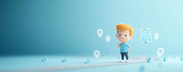 A cheerful boy stands on a path with location markers, symbolizing exploration and navigation in a vibrant, blue environment.
