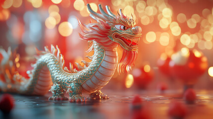 Fototapeta premium dragon stronger stone or jade lamp china line Beautiful walkway holiday Focus stacking, 3d rendering illustration background for happy chinese new year 2025 the dragon zodiac sign with red and gold 