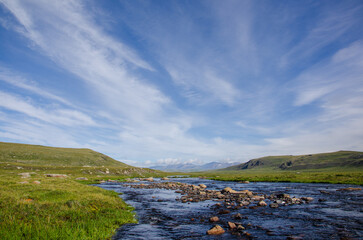 River stone in nature. Hills on back Mountain water river stone, Stone river on valley