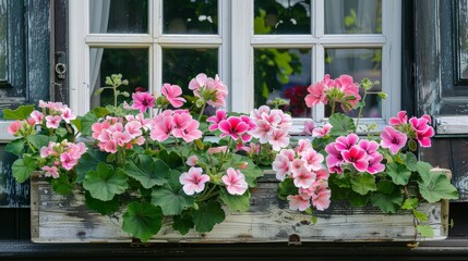 Fototapeta premium Pastel-colored geraniums in a charming window box