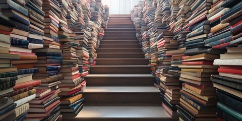 Fototapeta premium Staircase Lined with Tall Stacks of Books