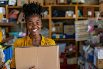 Fototapeta premium Cheerful young woman holding a box of donated items in a thrift store
