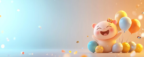A cheerful cartoon character holds colorful balloons, radiating joy and celebration in a vibrant setting.
