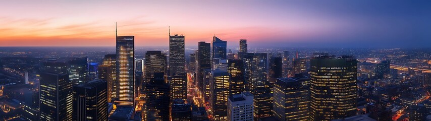 Obraz premium Twilight Glow Over Urban Metropolis - Vivid Cityscape with Illuminated Buildings and Hyperrealistic Details