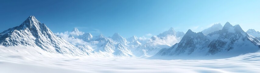 Majestic Snow-Covered Mountain Range in Hyperrealistic Detail under Clear Blue Sky