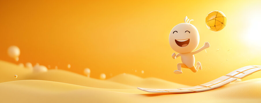 A cheerful character joyfully runs in a vibrant, sunny landscape, capturing the essence of happiness and playfulness.