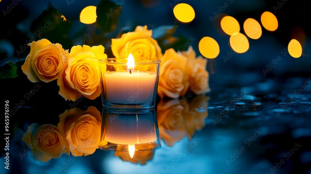 Wall mural Beautiful yellow roses surround a glowing candle in a serene setting. Soft reflections create a calming ambiance. Perfect for romantic moments or celebrations. AI