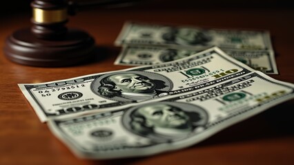 Stacks of money and a gavel on the judge's desk, illustrating corruption and financial misconduct