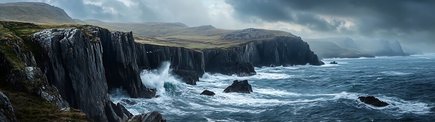 Fototapeta premium Majestic Hyperrealistic Panoramic Coastal Landscape with Dramatic Cliffs, Crashing Waves, and Moody Sky