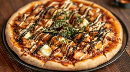 Pizza topped with teriyaki chicken, mozzarella, and seaweed strips, blending Italian and Japanese culinary traditions