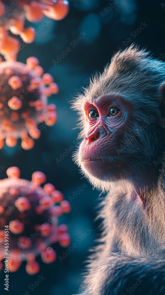 Poster close-up of a monkey facing coronavirus-like virus particles in a blue-lit background. symbolizing v