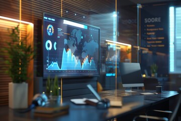 Sophisticated office environment with transparent screen showing swot analysis