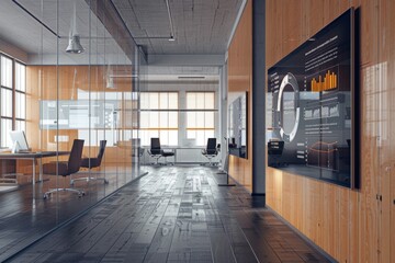 Sophisticated office environment with transparent screen showing swot analysis