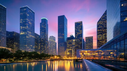 Obraz premium A vibrant downtown skyline at dusk, with towering glass skyscrapers reflecting the sunset and city lights beginning to twinkle.