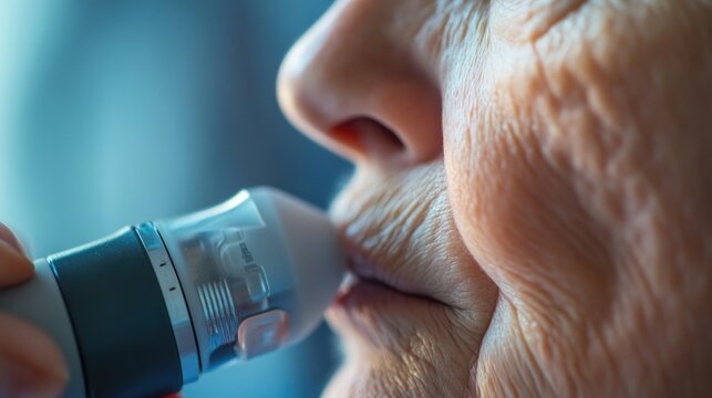 Elderly person using a spirometer to measure lung function and airflow.