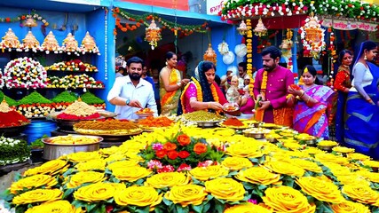 A bustling market scene during Diwali with stalls selling fresh roses and marigold flowers. - Powered by Adobe