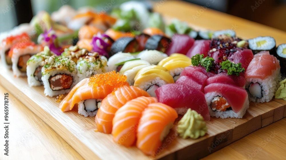 Wall mural vibrant sushi platter with colorful rolls, fresh sashimi, and garnishes of ginger and wasabi, beauti