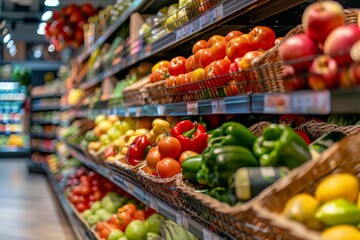 Obraz premium Vibrant grocery store aisle with an array of fresh produce and wholesome foods