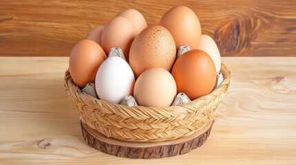 Wooden Base displaying farm-fresh eggs, woven basket, soft lighting, natural shadows, rustic countryside feel