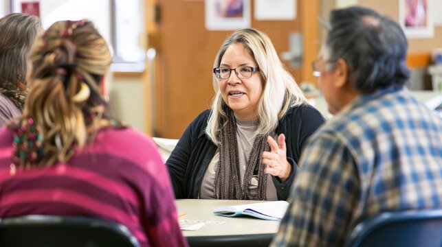 Social workers meeting with clients in a community center