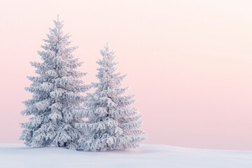 Fototapeta premium Two Snow-Covered Pine Trees Against a Pink Sky