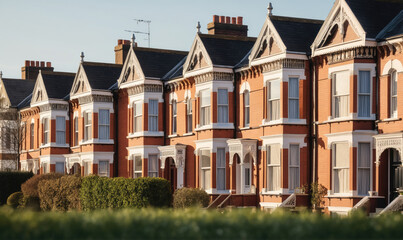 Fototapeta premium A row of brick houses with white trim and bay windows stand side by side on a sunny day
