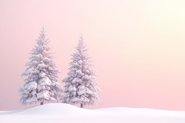Obraz premium Two Snow-Covered Fir Trees Against a Pink Sky