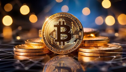 Golden Bitcoin coins stacked on a network, with glowing bokeh lights in the background. A symbolic image of cryptocurrency and blockchain technology.