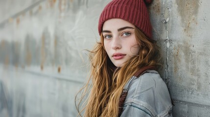 Fototapeta premium Stylish teenager with a rebellious look, leaning against a wall