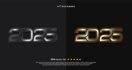 Happy New Year 2025 vector logo with metal and steel design style. Collection vector design number 2025 celebration