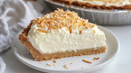 A decadent slice of coconut cream pie with a golden graham cracker crust, topped with toasted coconut flakes and served on a white plate
