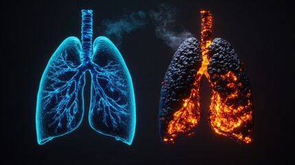 Healthy human lungs glowing blue, contrasted with dark, diseased lungs on the right.