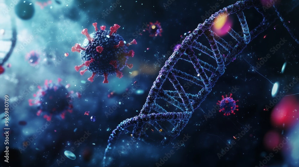 Poster a close-up of a dna helix intertwined with virus particles, representing viral mutation, genetic res