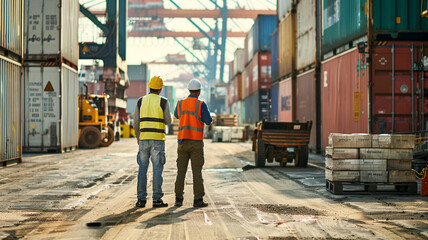 Fototapeta premium Two workers in protective gear stand in an industrial site surrounded by shipping containers, discussing logistics