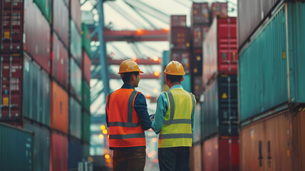 Two industrial operations team members in shipping yard conducting an inspection amidst stacked shipping containers. They are wearing safety vests and helmets, ensuring safety and efficiency in bustli