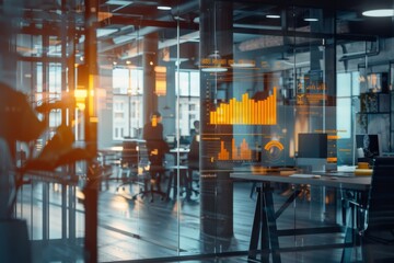 Sophisticated office environment with transparent screen showing swot analysis