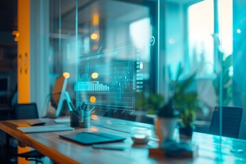Sophisticated office environment with transparent screen showing swot analysis