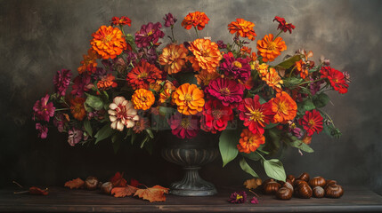 An autumn bouquet with zinnias in shades of orange and red, gladiolus stems, and chestnuts in a vase