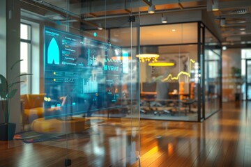 Sophisticated office environment with transparent screen showing swot analysis