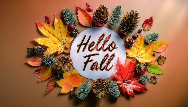 Greeting the autumn season with a vibrant and colorful display of fall leaves, pine cones, and seasonal flora arranged around a festive Hello Fall message