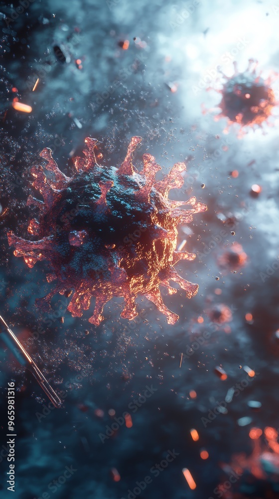 Aufkleber A depiction of monkeypox virus floating mid-air in a laboratory with sunlight filtering through the windows