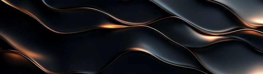 Elegant Matte Black Abstract Background with Metallic Bronze Accents and Soft Waves, 3D Render