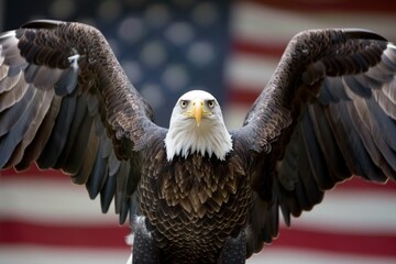 Naklejka premium Majestic bald eagle with outstretched wings, set against an American flag background, showcasing strength and freedom