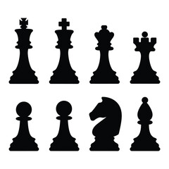 Chess piece icons set. Black silhouettes illustration  isolated on white background. King, queen, bishop, pawn, horse, knight, rook.