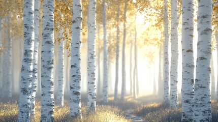 A serene autumn forest featuring tall birch trees, golden leaves, and a soft light filtering through the tranquil landscape.